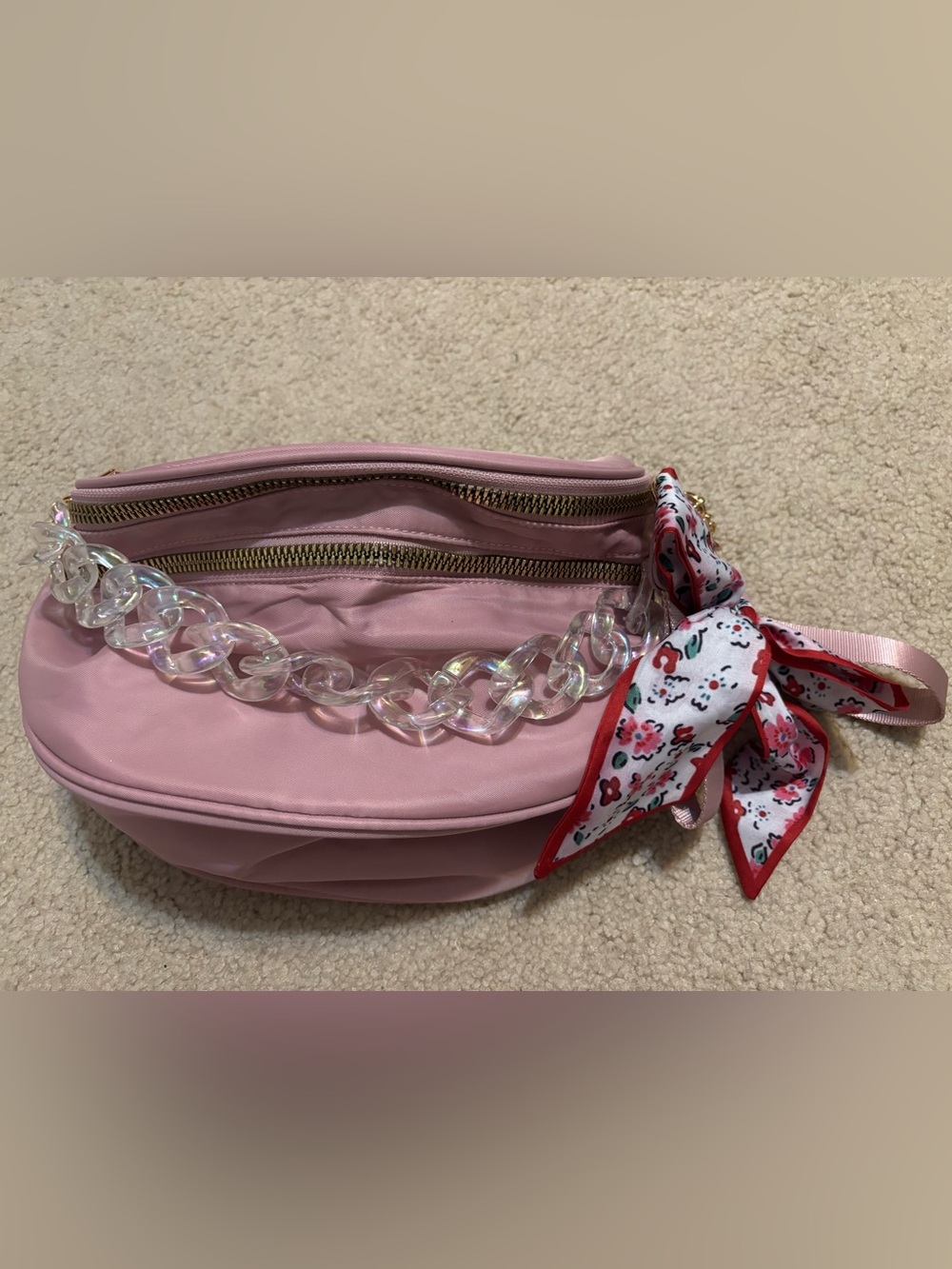Pink Women's Clear-Chain Crossbody Bag with Floral Scarf